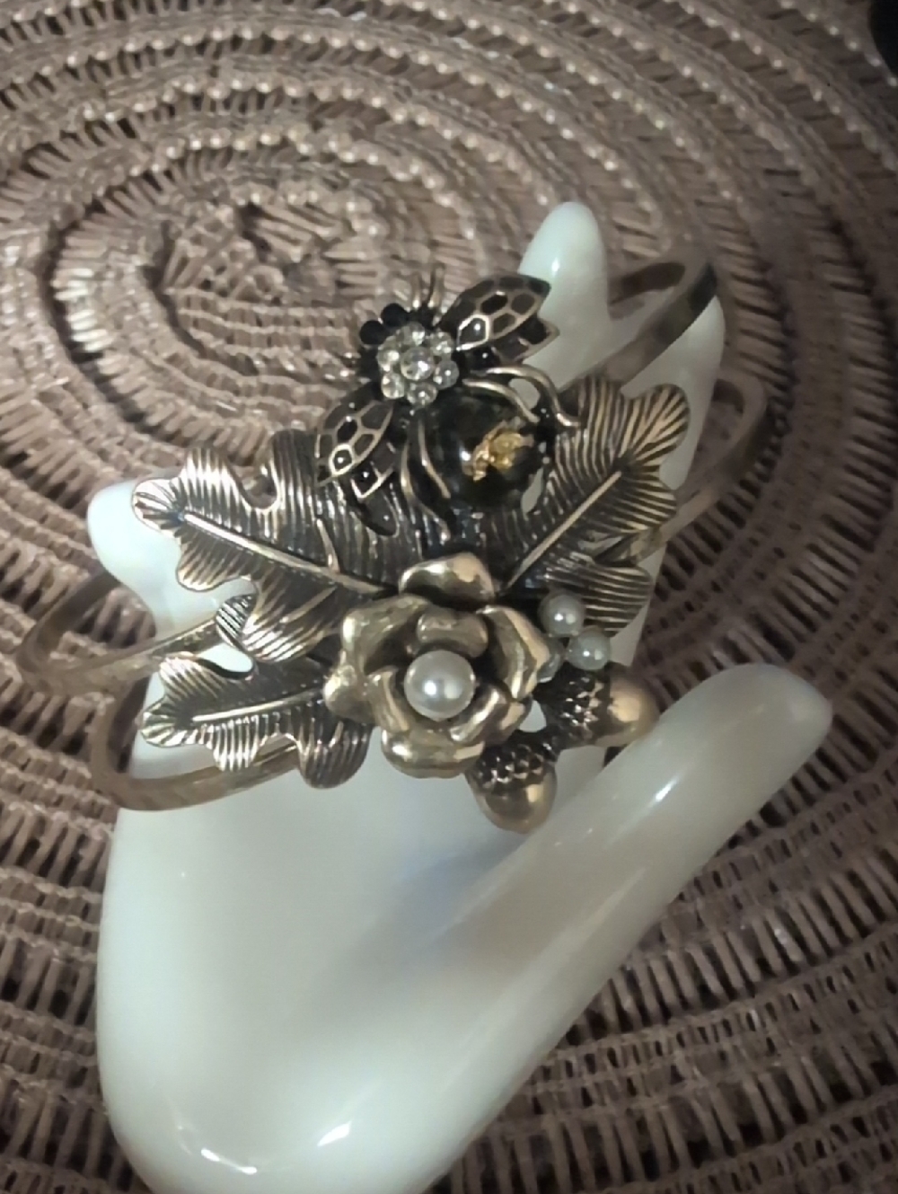 Floral Pearl Rhinestone Victorian Revival Accent Gold-Tone Cuff Hinged Bracelet
